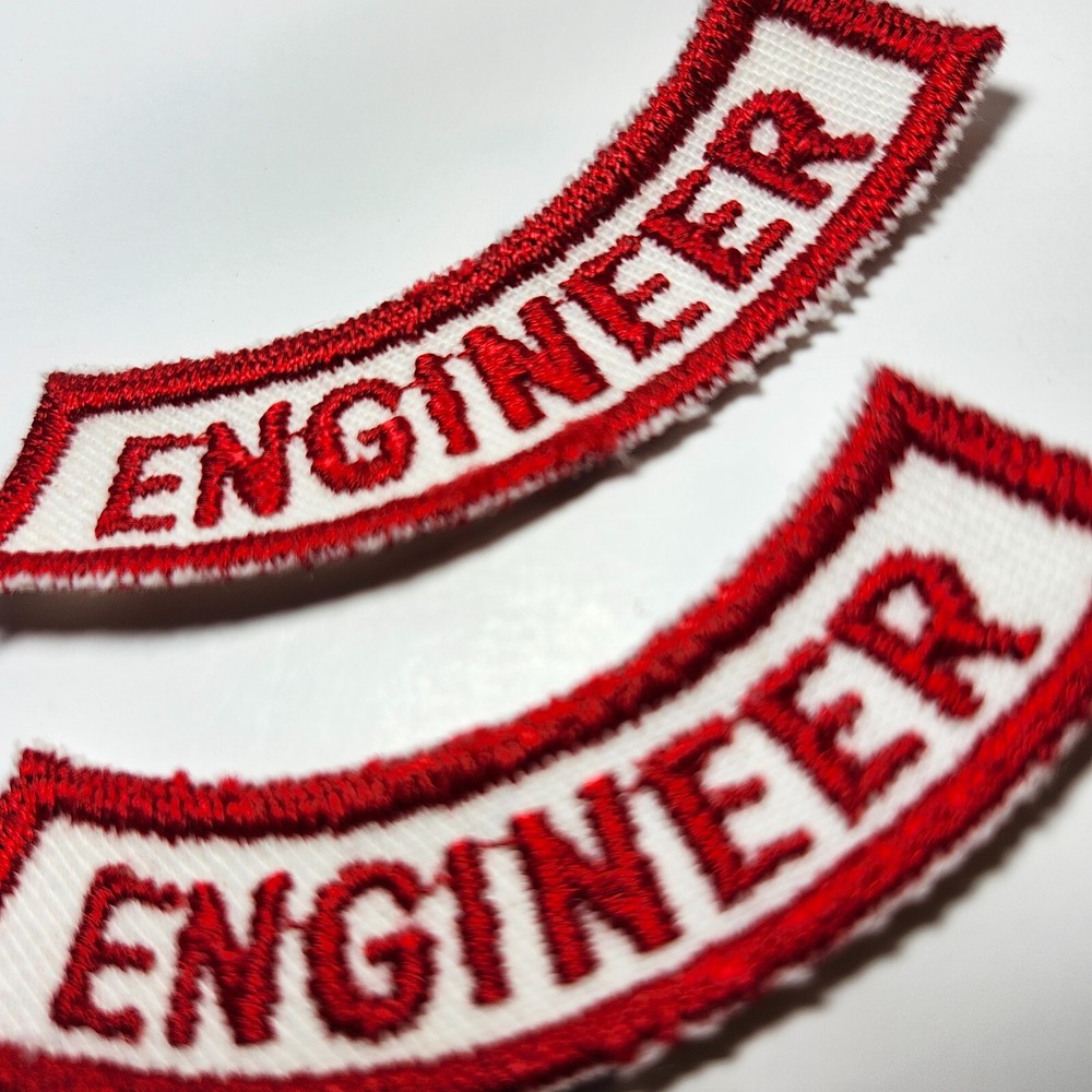 (2) ENGINEER Lower Rocker Patch - Red on White Twill NOS *RED BORDER*