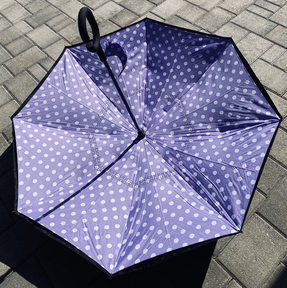 Purple/White Polka Dot & Black Double Layer Reverse Umbrellas - C Shaped Handle