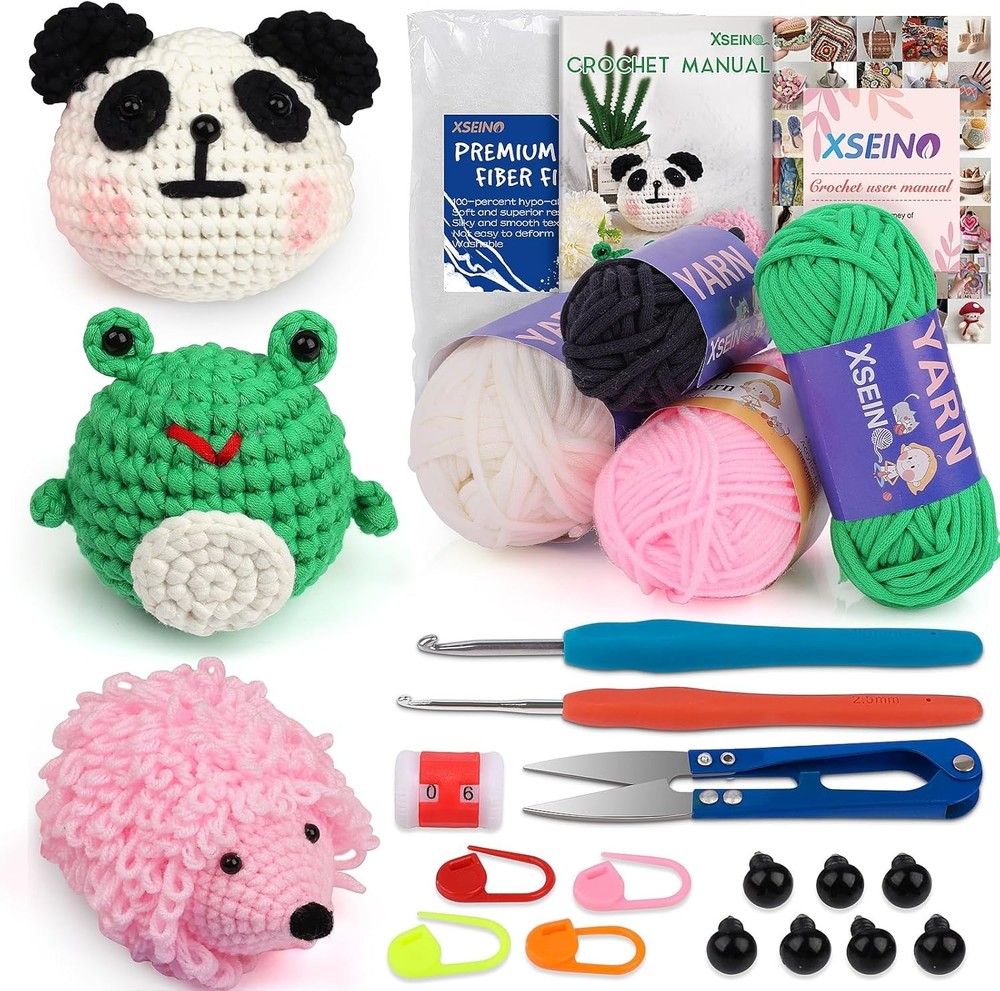 Beginner Crochet Kit With Step-by-Step Video Tutorials - Create Panda, Frog &...