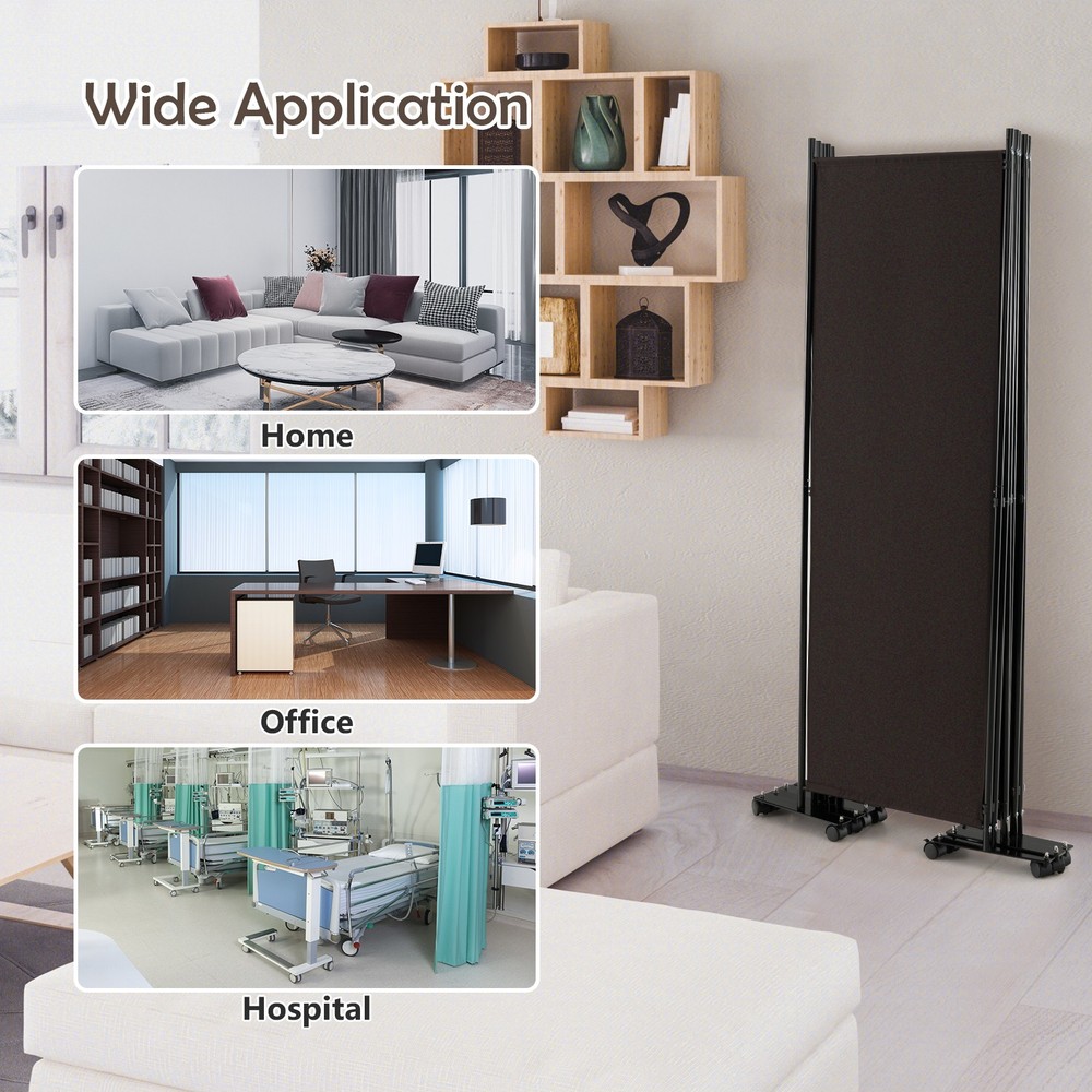 6-Panel Folding Room Divider 6FT Rolling Privacy Screen w/ Lockable Wheels Brown