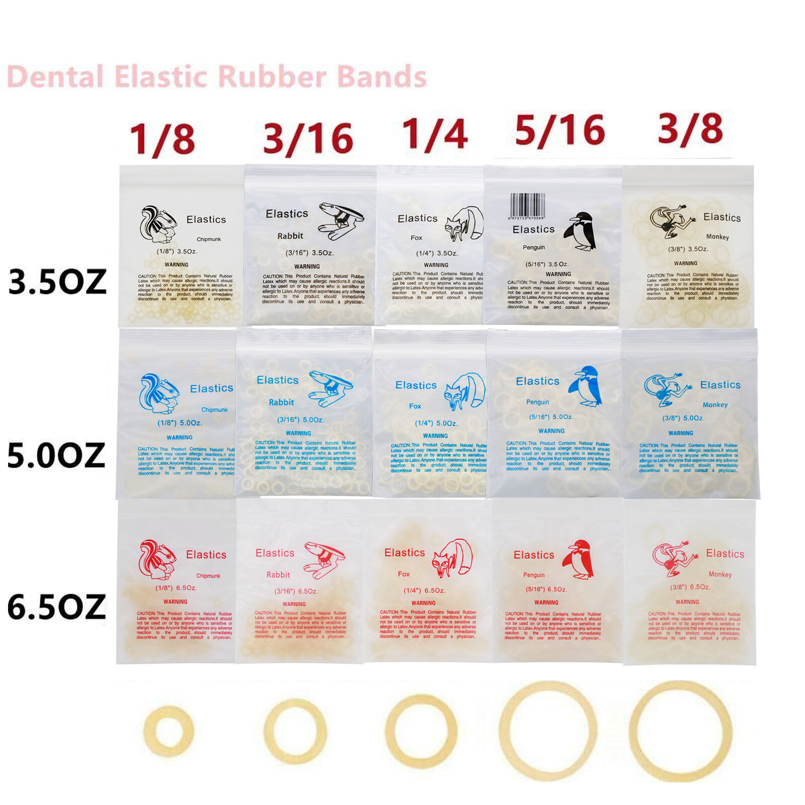 US Dental Orthodontic Elastics Rubber Bands Ortho Latex Braces 3.5 5.0 6.5 OZ