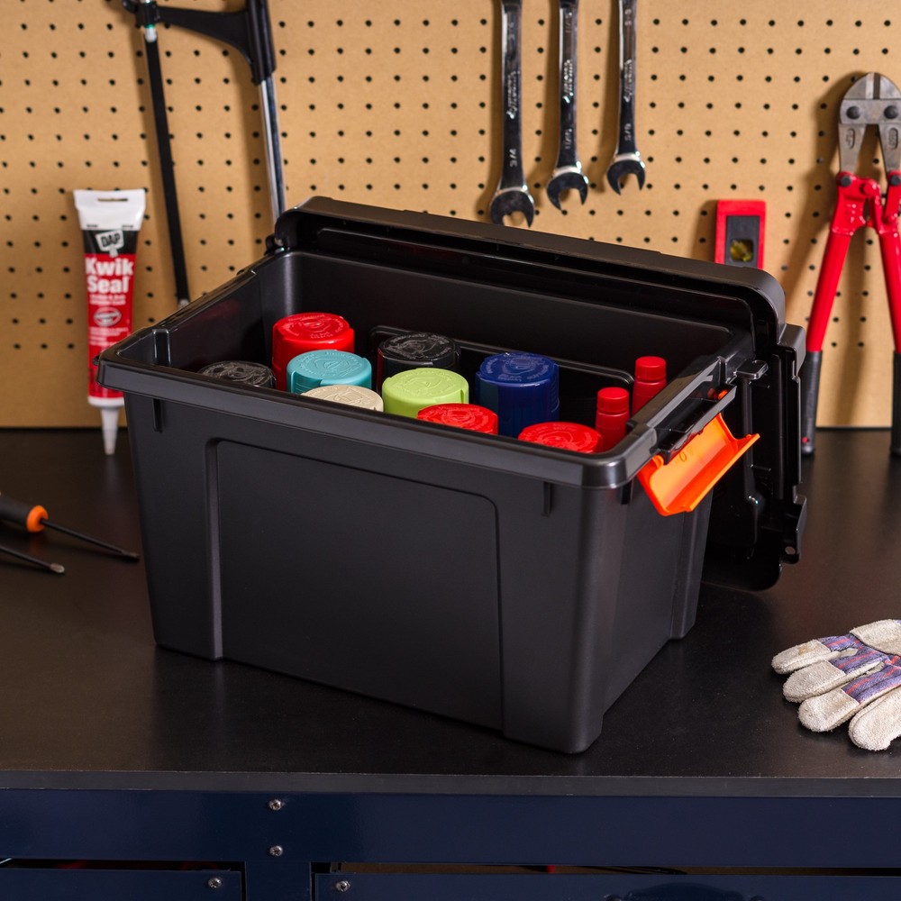 4-Pack 5 Gallon Black Plastic Latching Storage Bin with Lid Tote,