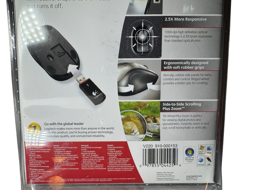 Logitech Cordless Optical Mouse V220 for Notebooks Black PC Mac New Sealed