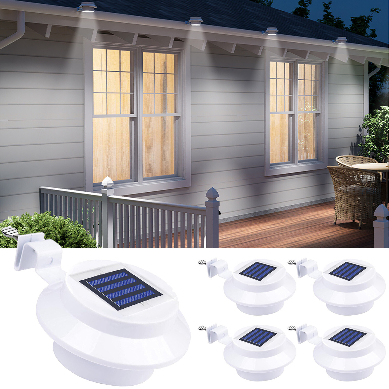 1-8 Pack Solar Powered LED Outdoor Gutter Lights with Brackets - Water Resistant