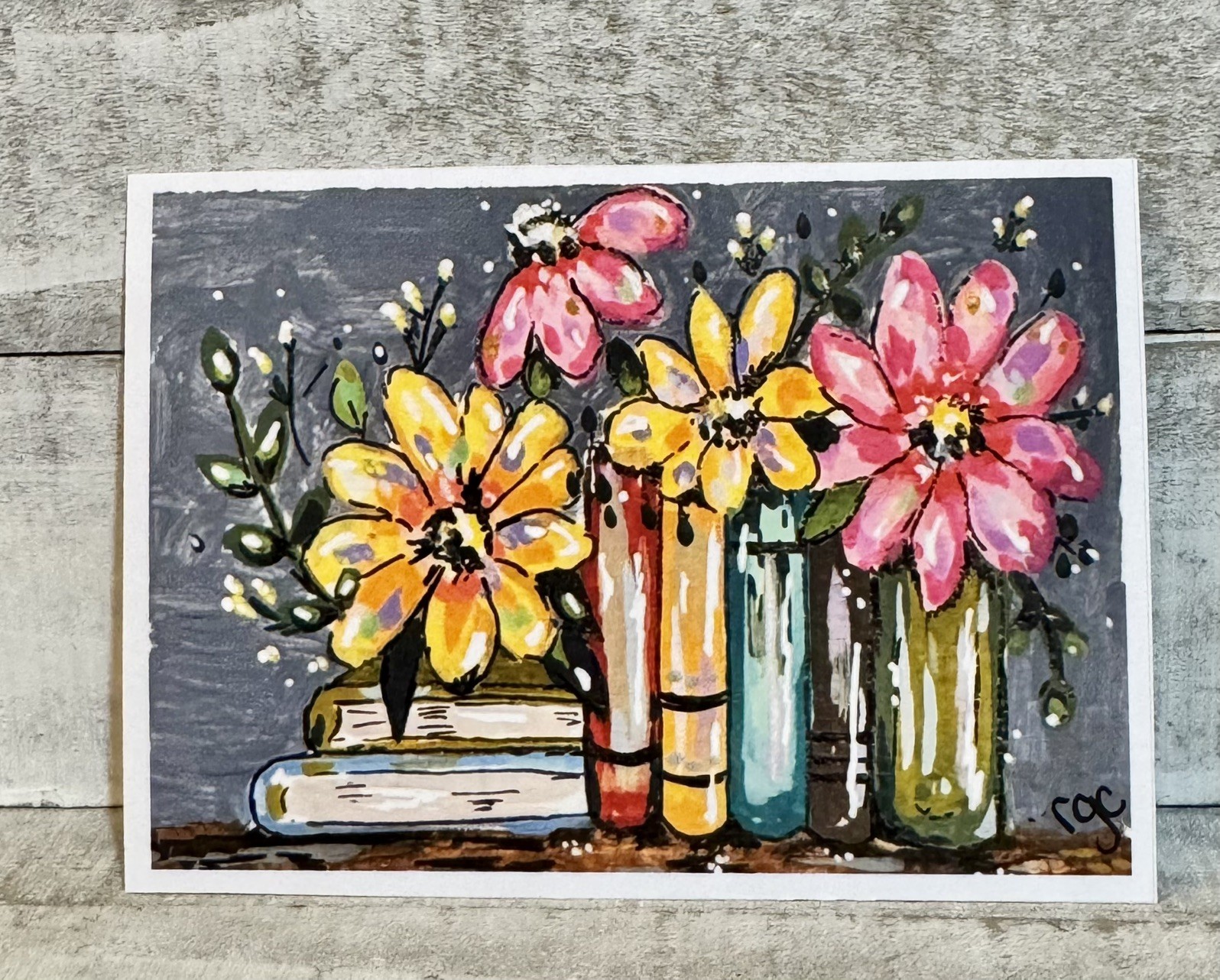 ACEO Original PRINT Flowers and Books, Colorful flower aceo, Floral Books