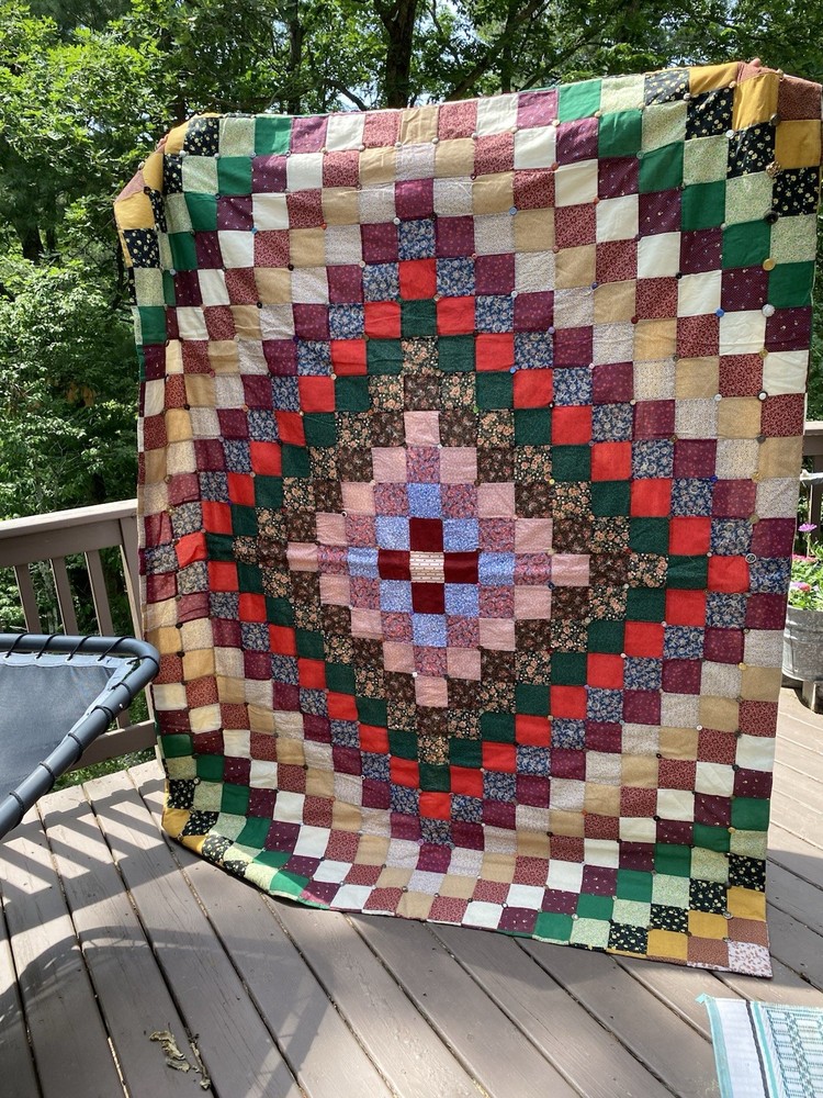 Handmade Machine Stitched Patchwork Quilt 66x85 Signed Tag Button Accents