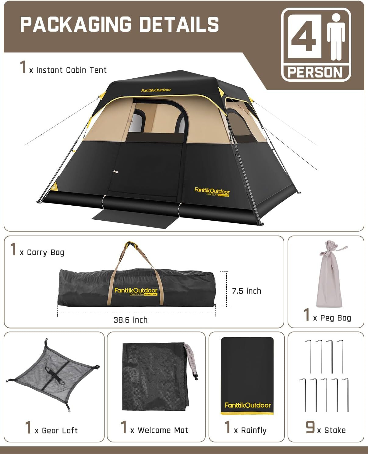 FanttikOutdoor Camping Tent 4 Person Instant Cabin Tent Setup in 60 Seconds