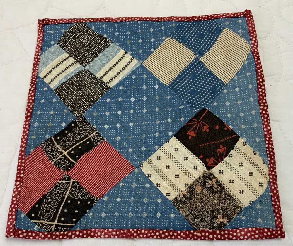 Vintage Antique Patchwork Quilt Table Topper, Four Patch, Blue, Multi