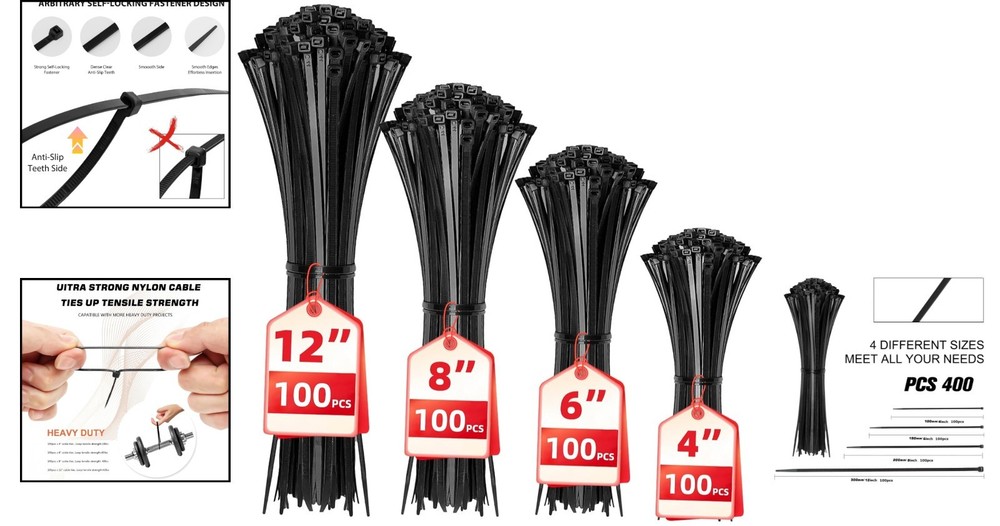 Multi-Purpose 400 Pack Nylon Cable Ties - 12, 8, 6, 4 Inch Self-Locking Design