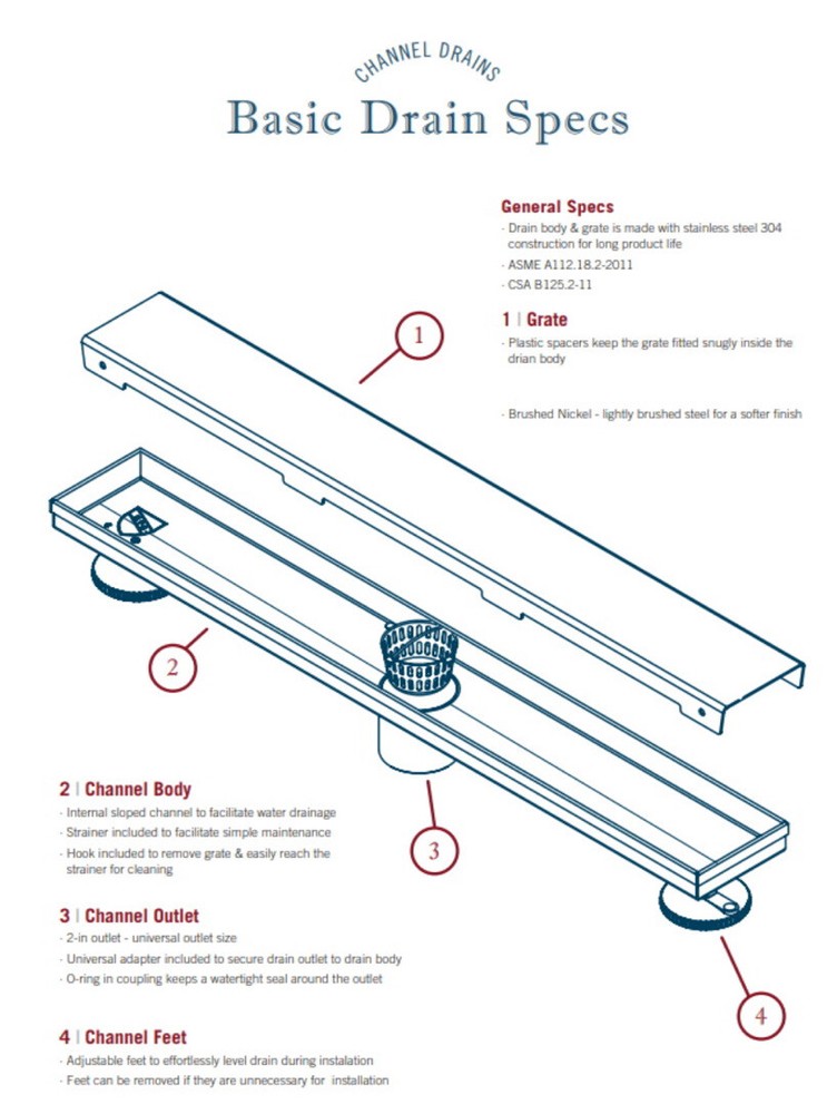 B &K 36” Linear Channel Drain Brushed Nickel w/ Tile Insert Optional