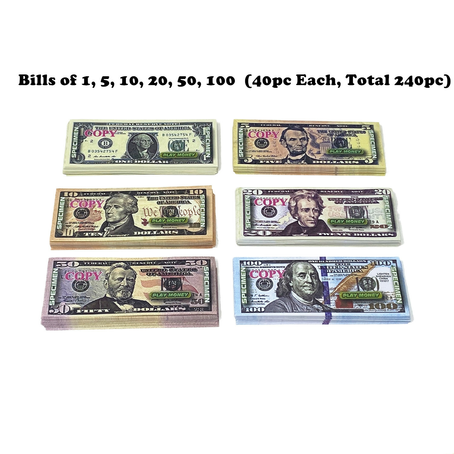 240 PC Educational Play Money Set, Print 1 Side - Bills of 1, 5, 10, 20, 50, 100