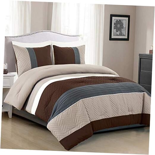 WPM 3 Piece Brown Beige Comforter Modern Design Comforter Set. Multicolor King
