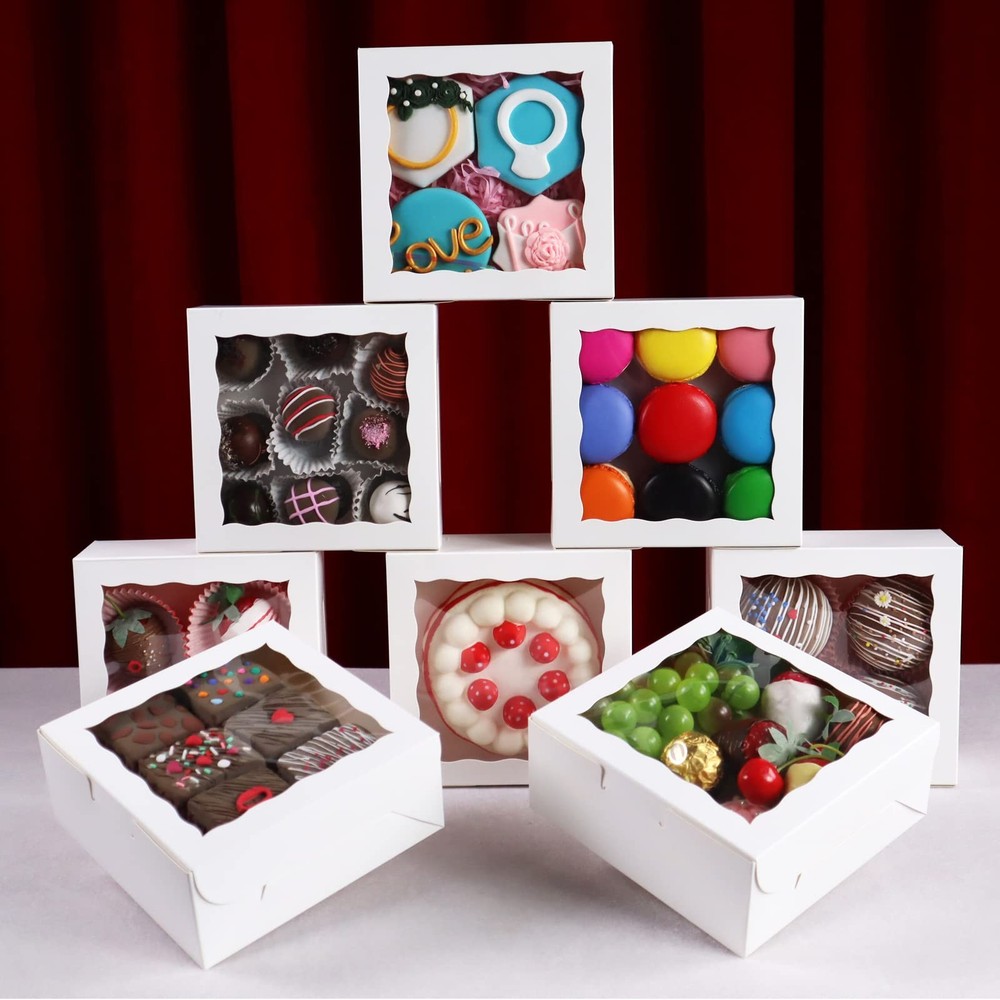 20pcs 6"x6"x2½ White Bakery Boxes with Window Cookie Boxes Small Cake Boxes M...