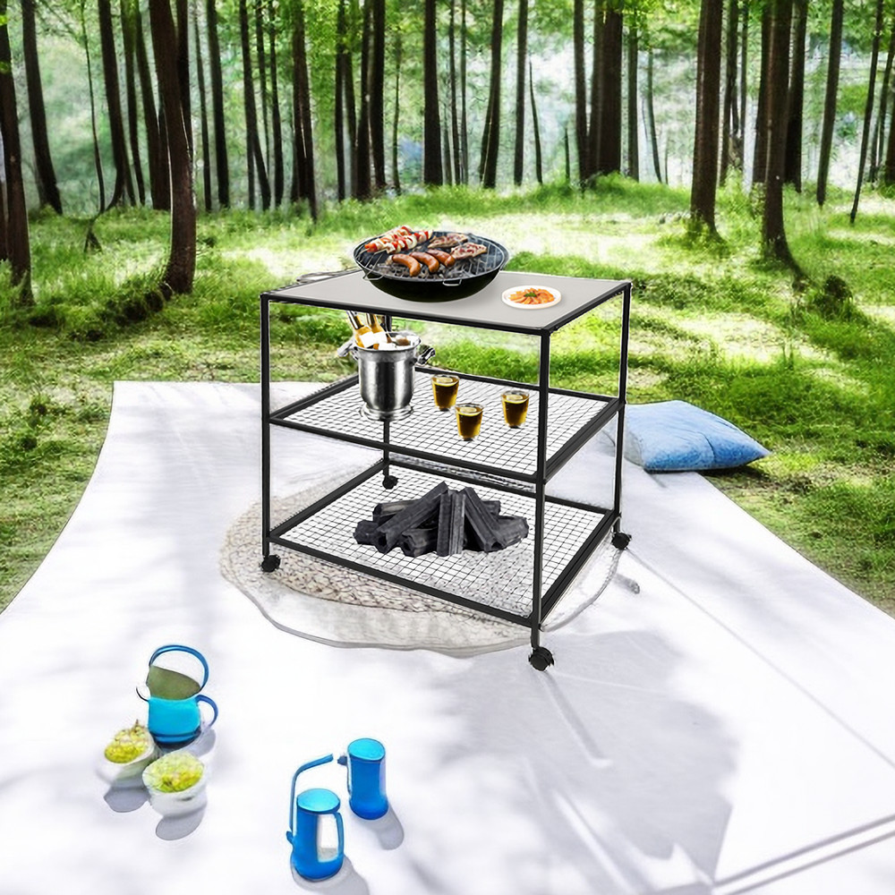 Mobile Dining Cart Camping BBQ Food Prep Table Kitchen Serving Table Stainless
