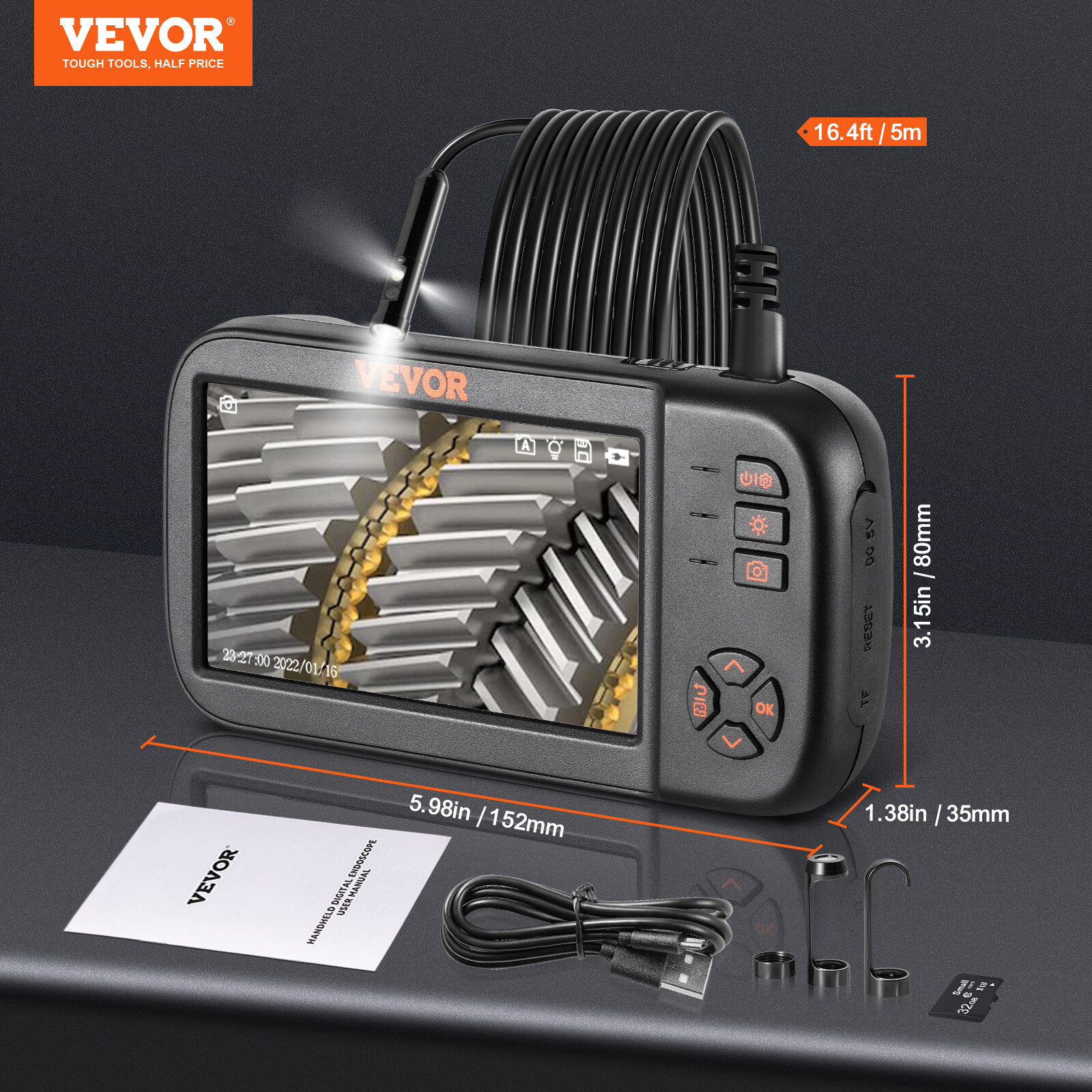 VEVOR Endoscope Camera 1080P HD Triple Lens Borescope Inspection Camera 4.5" IPS