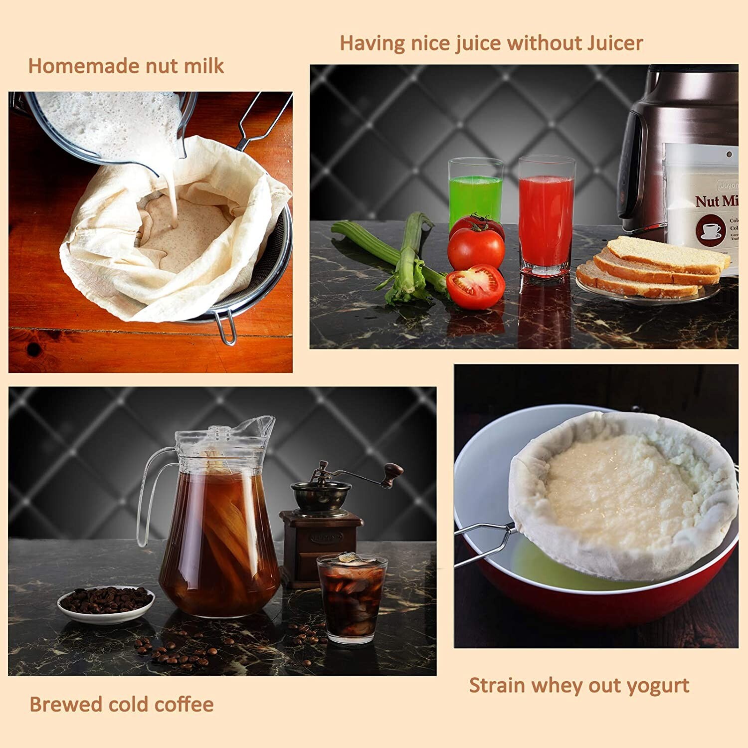 1-5 PCs Organic Cotton Nut Milk Bag Reusable Food Strainer Coffee Cheese Cloth