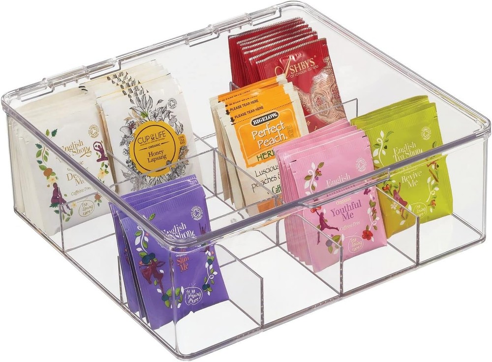Single Serve Tea Bag Storage Box W/ Divided Compartments & Clear Lid