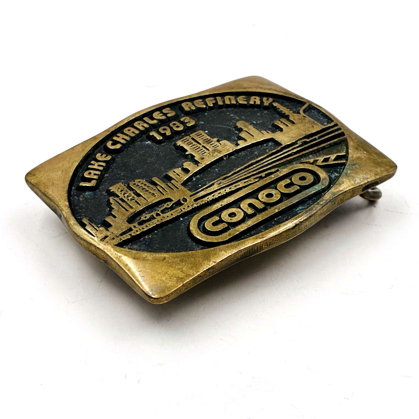 1983 Conoco Lake Charles Refinery 3"x2.25" Brass Buckle 1.75" Belt Width a196