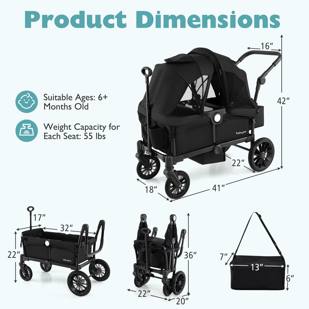 Wagon Stroller for 2 Kids Push Pull Double Stroller w/ Adjustable Handle