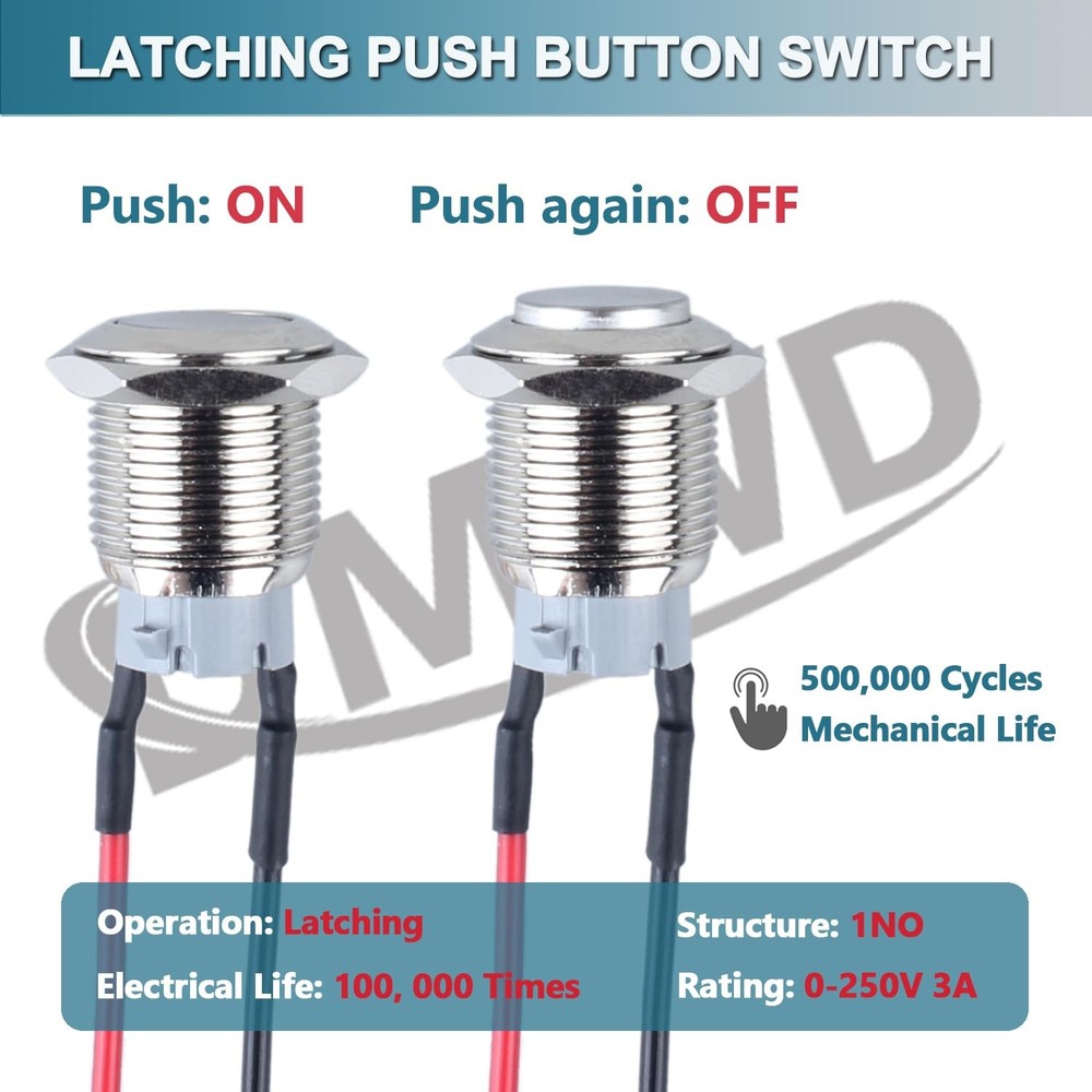 DMWD 2pcs 19mm Latching Metal Push Button Switch High Round Latching, Silver
