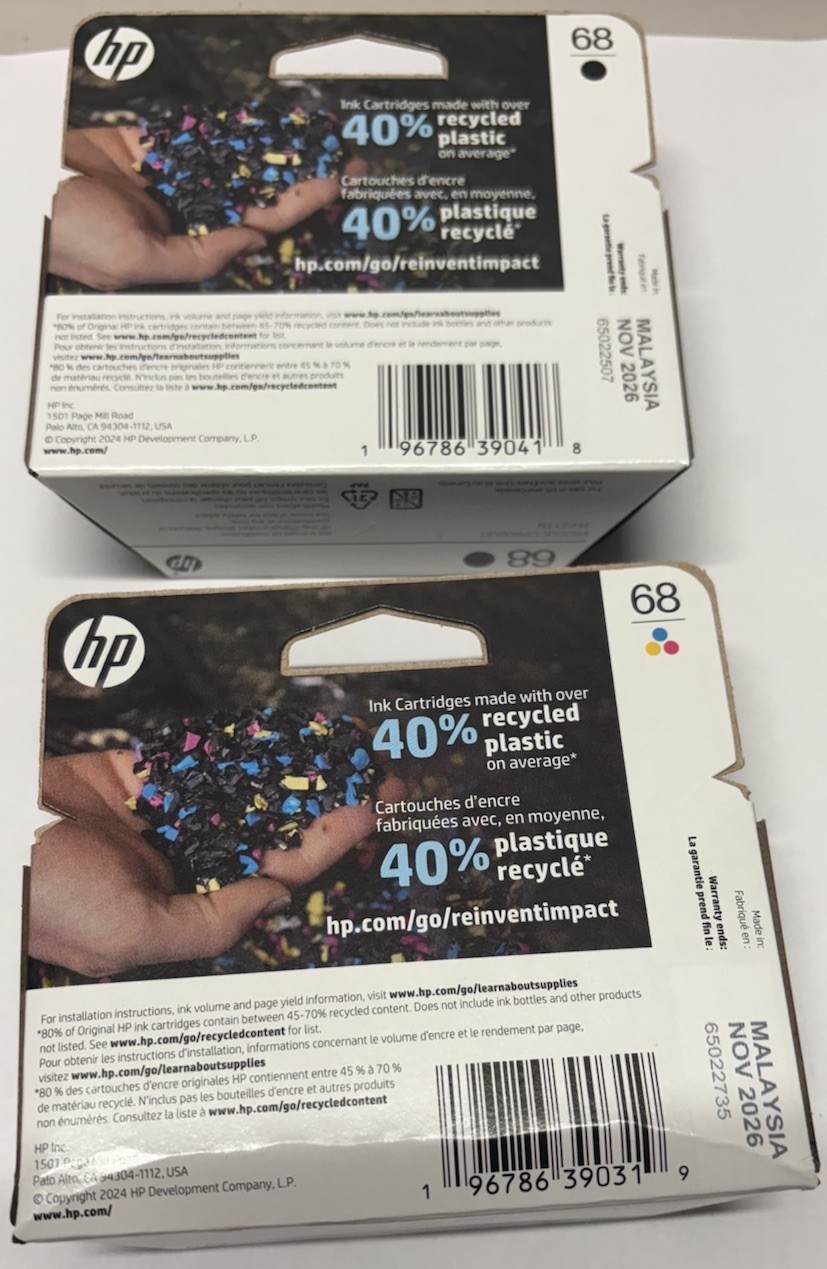 HP 68 2-Pack Black/Tri-color Ink Cartridge Combo, Exp 11/2026.