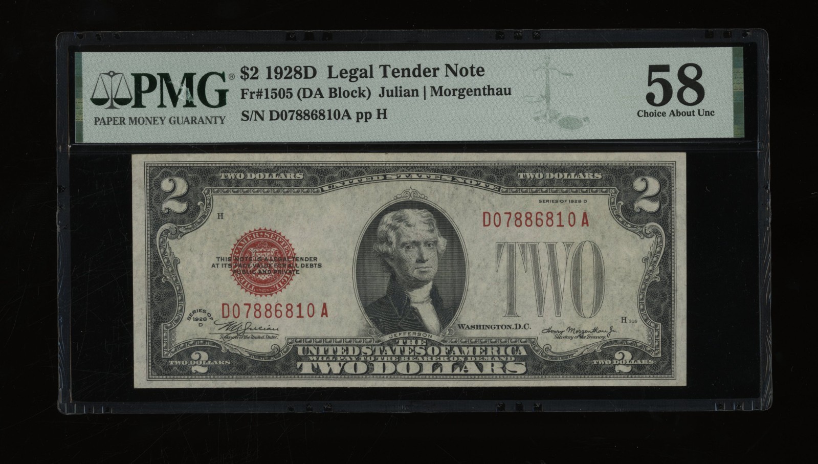 DBR 1928-D $2 Legal Fr. 1505 DA Block PMG 58 Serial D07886810A