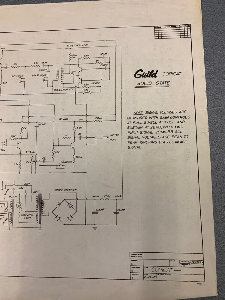 Vintage 1970 Guild Copicat Echo Reverb Effect Model E-4 Instructions & Schematic
