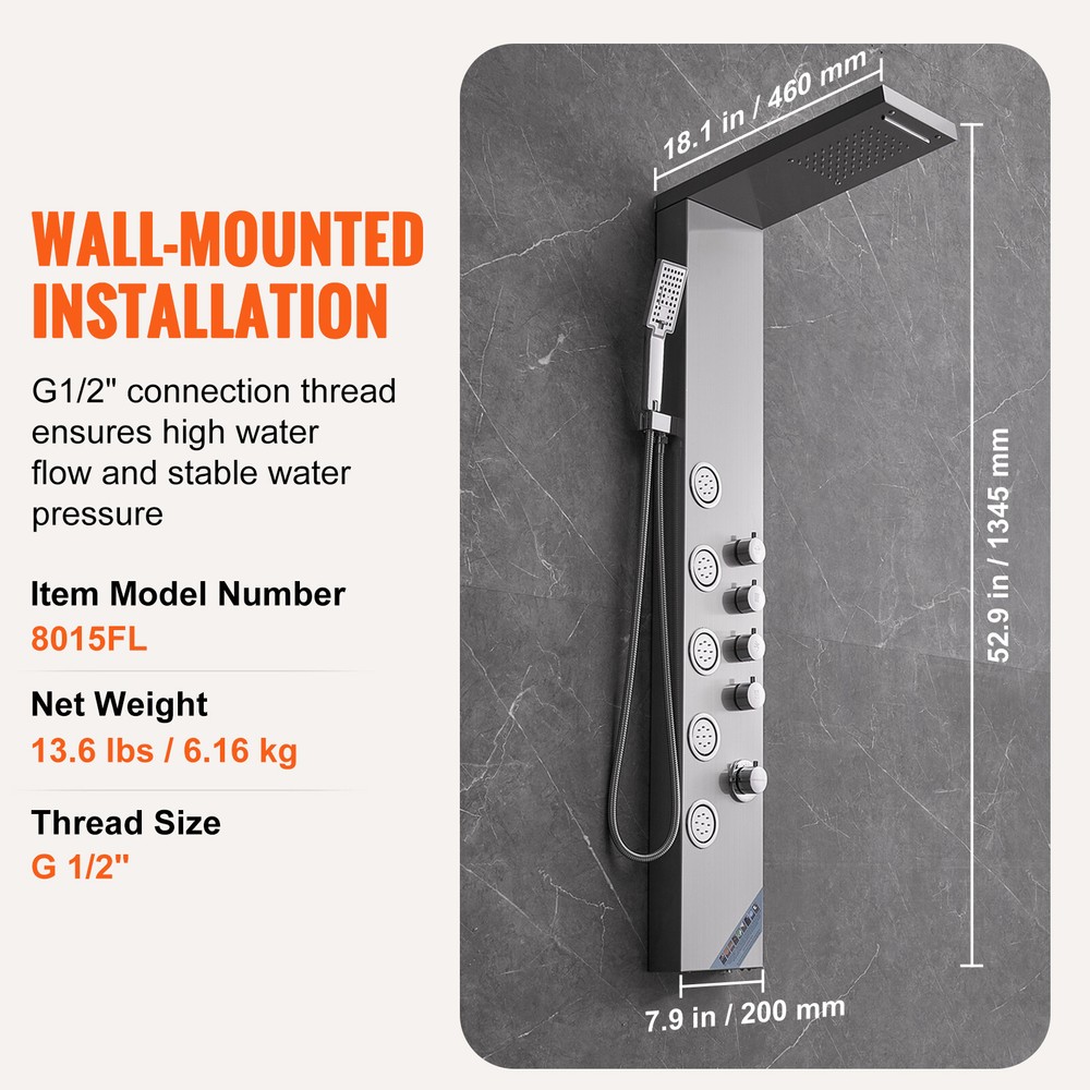 VEVOR Shower Panel Tower System Stainless Steel 4 Modes Rainfall Waterfall Jets