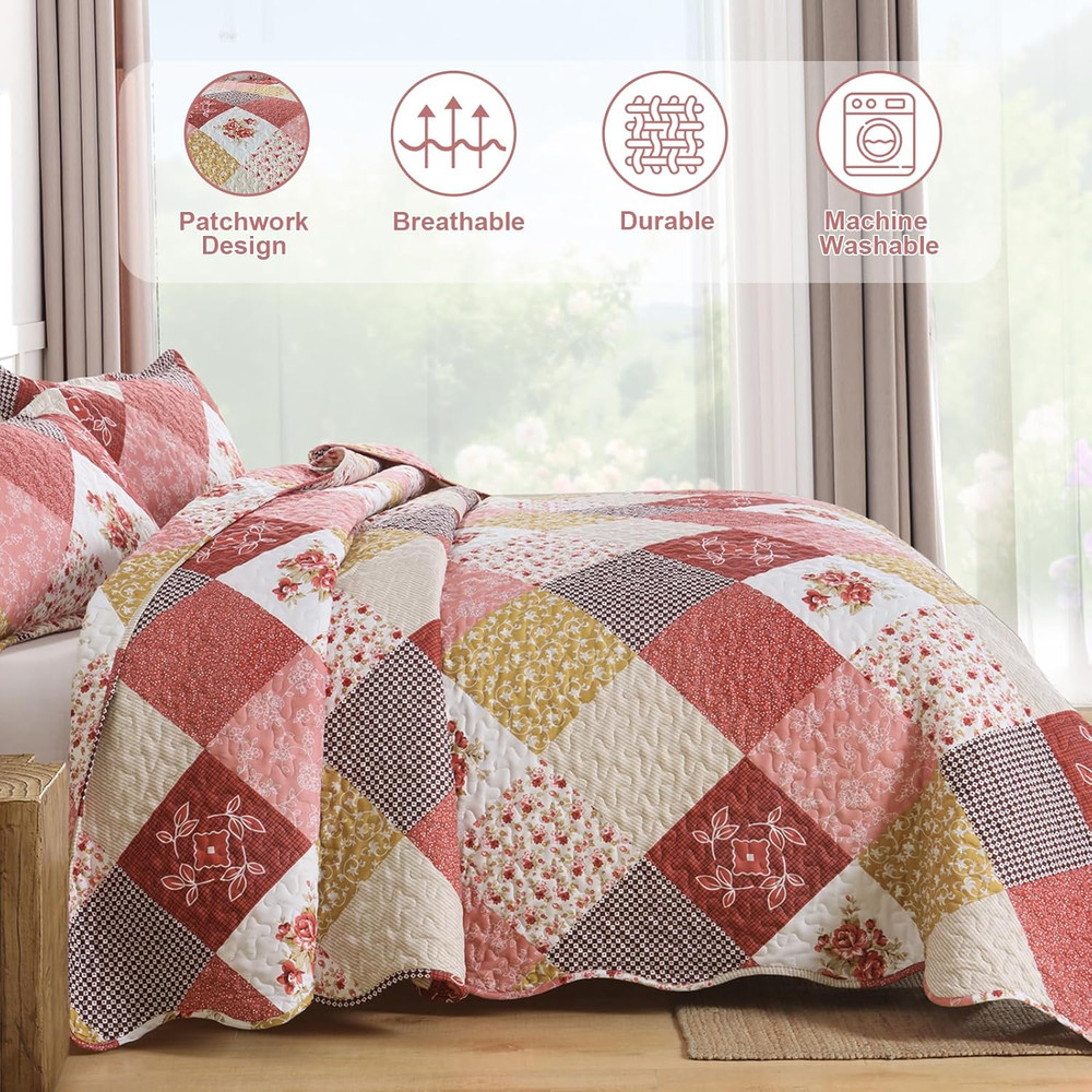 Romantic Pink Quilt Set Queen Size, Reversible Floral Plaid Patchwork Pattern Be