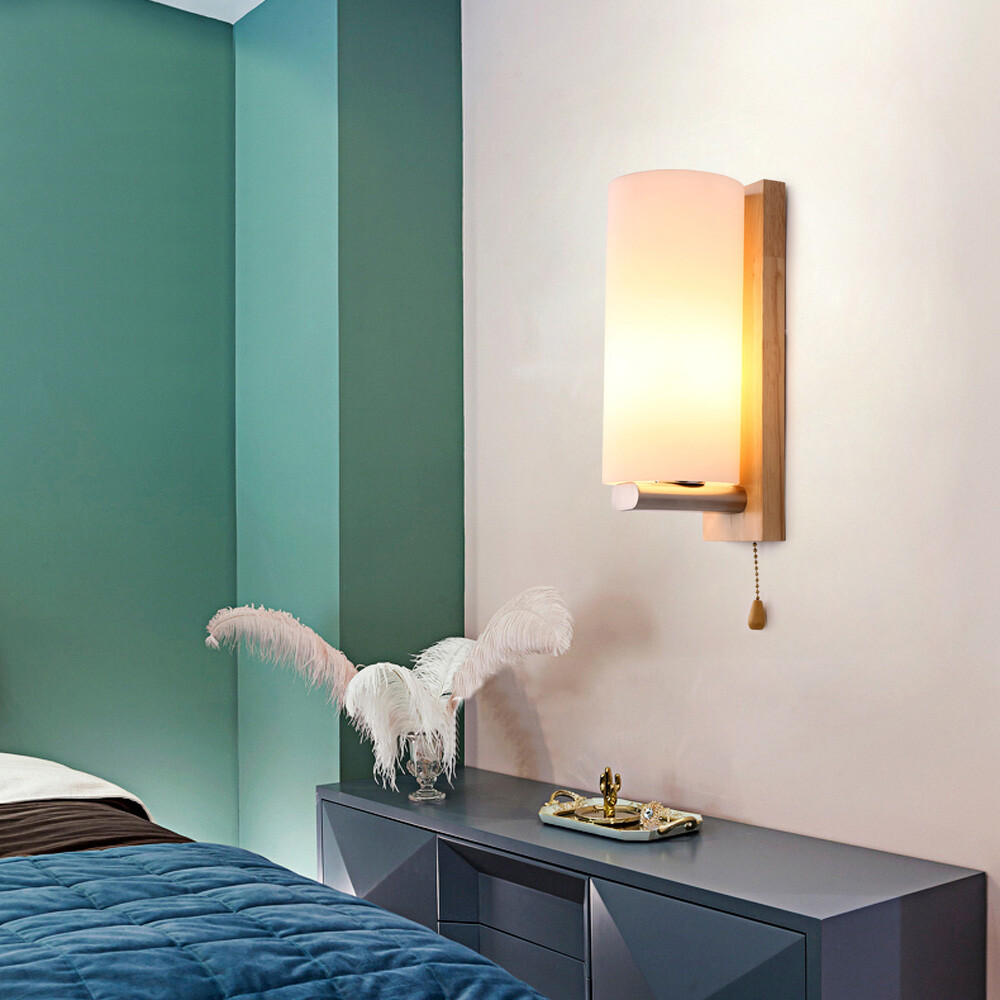 Modern White Wall Light Sconce Glass Shade Bedside Hallway Lamp With Pull Switch