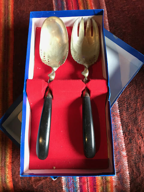 Beautiful Vintage Horn Handled Silver Serving Set-In Box-Tri-Leaf Design
