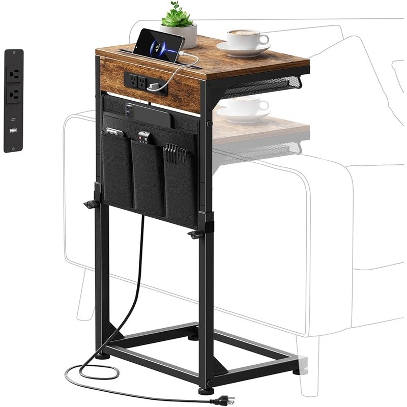 Adjustable C Table W/ Charging Station USB Type-C AC Outlet Storage Pockets