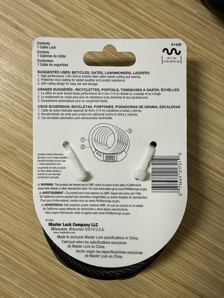 Master Lock 4 FT Bike Cable Lock With Combination Code