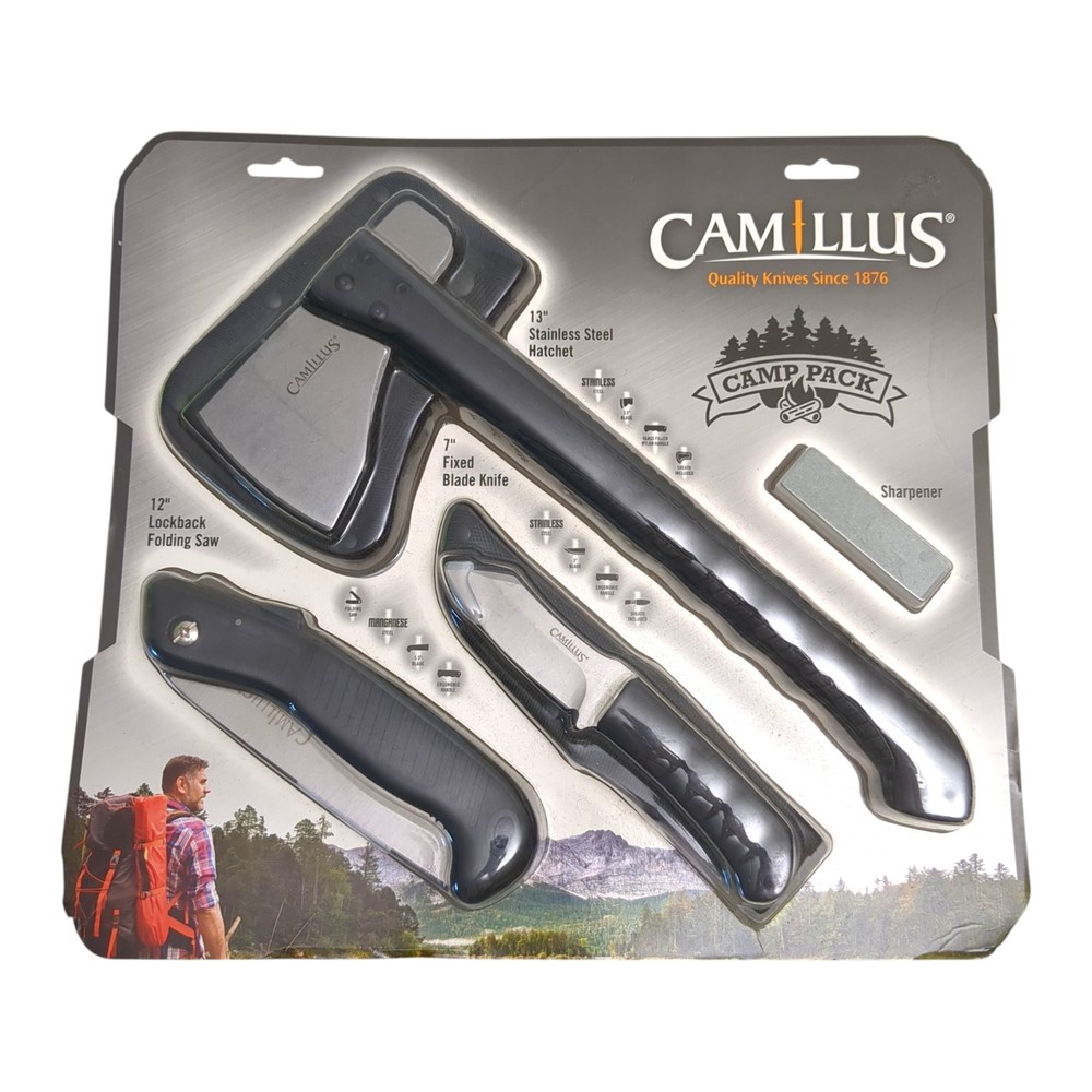 Camillus Multi-Tool Camp Pack, 4-Tools, 13" Hatchet and Sheath, 7" Fixed Bladed