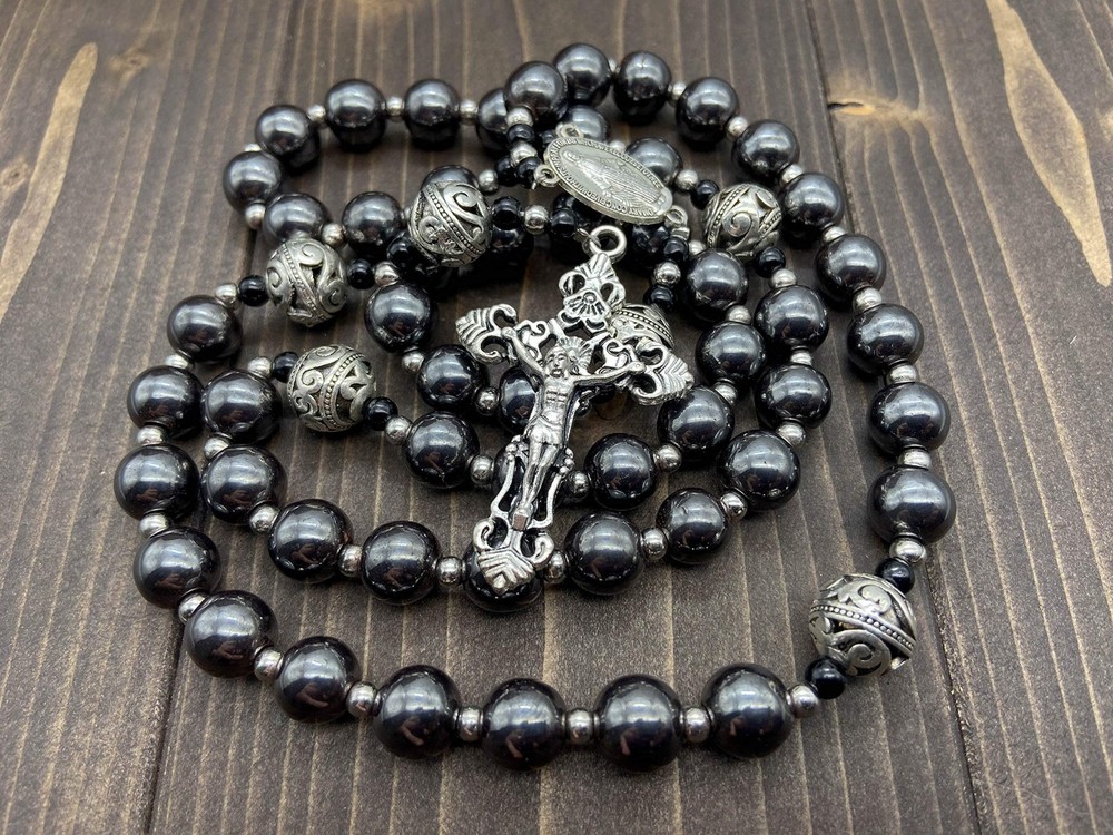 Hematite Rosary Black Stone Beads Metal Beaded Necklace Mary Miraculous Medal