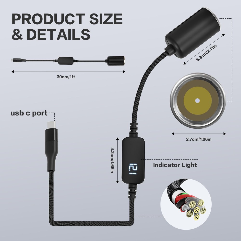 WYMECT USB C to 12V Adapter, C Cigarette Lighter Adapter black