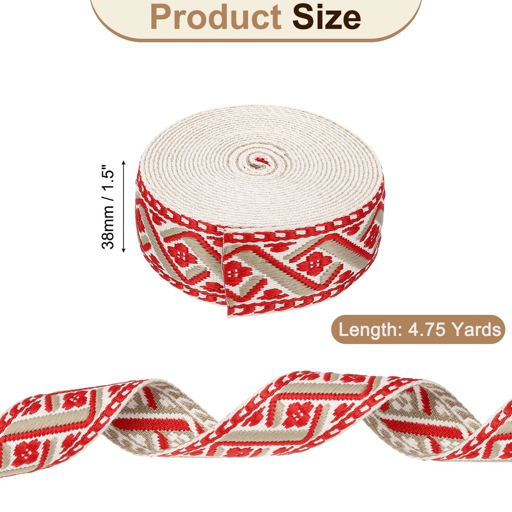 4.75Yards Cotton Webbing Strap 38mm Jacquard Webbing Strap, White-Red