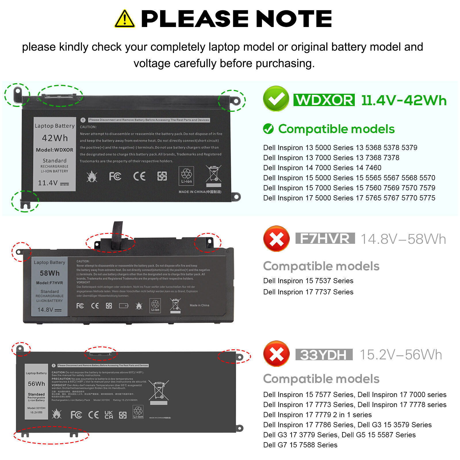Lot For Dell Inspiron Battery WDX0R 15 5567 5568 13 5368 7368 7569 7579 WDXOR