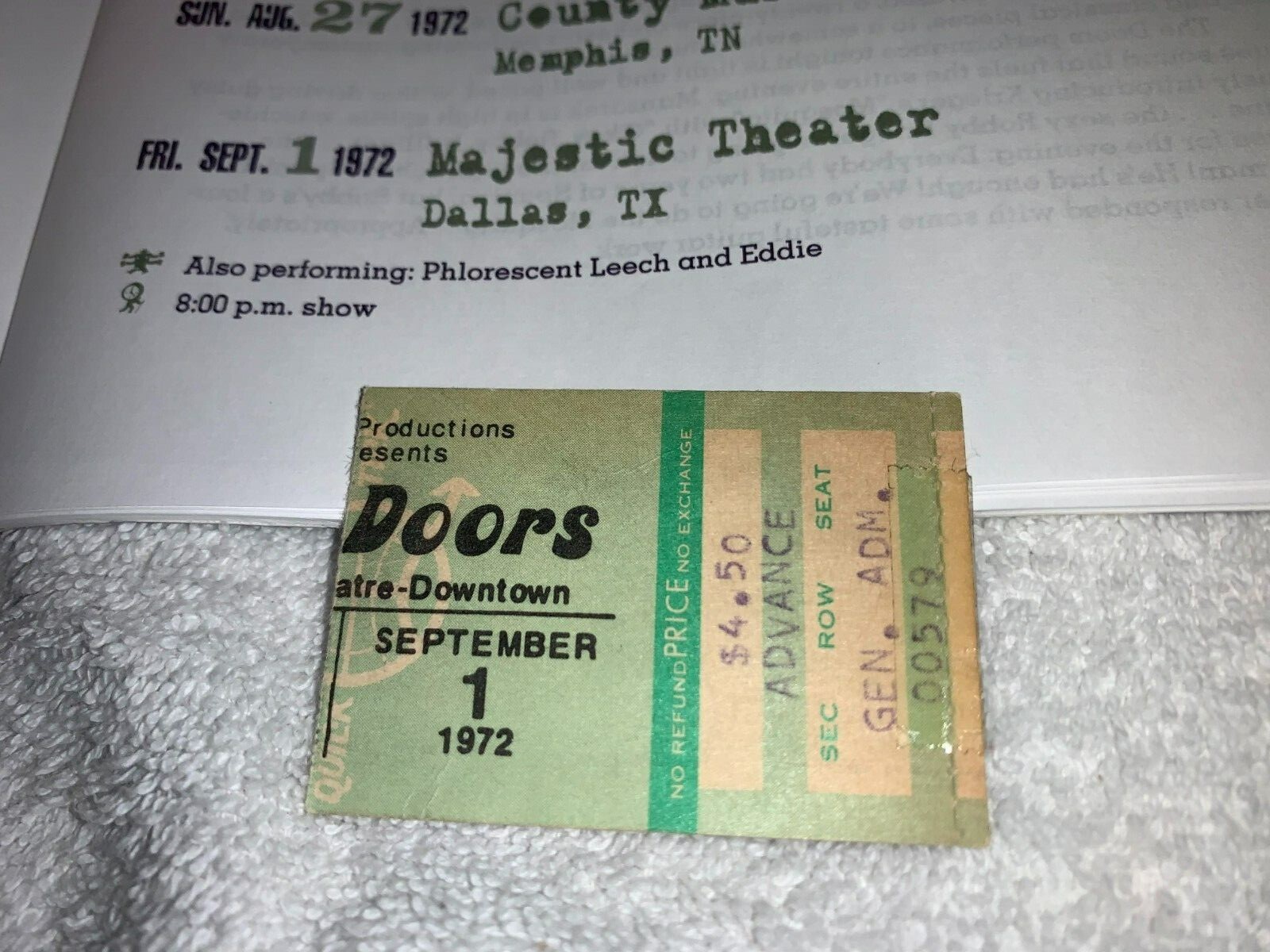 THE DOORS CONCERT TICKET STUB MAJESTIC THEATRE DALLAS TEXAS NO JIM MORRISON US