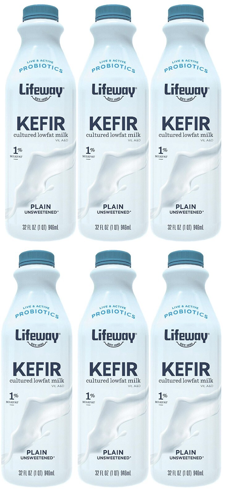 6-Pack Lifeway Plain Lowfat Kefir, Probiotic Cultured Milk Drink Size 32 oz each