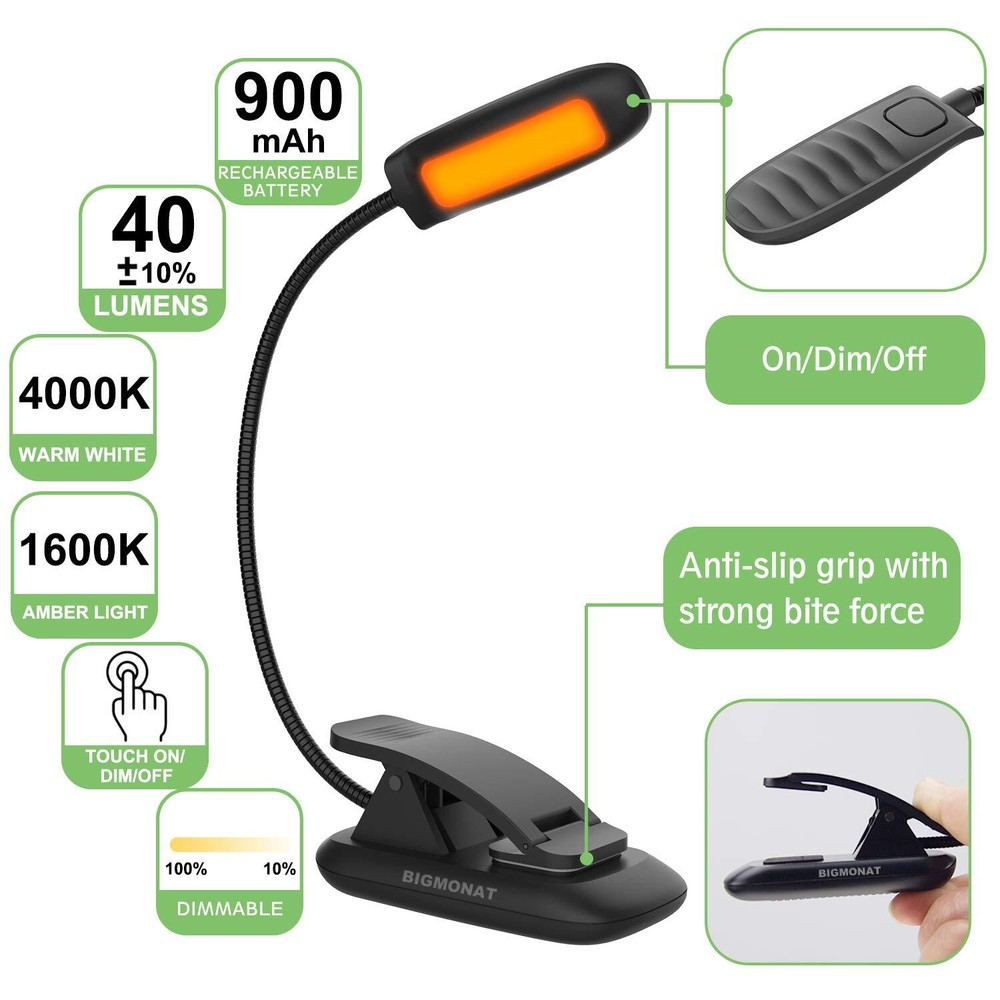 Rechargeable Book Reading Light Amber LED USB Bendable Neck Adjustable Black