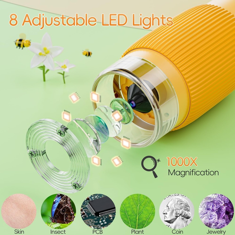 Microscope for Kids, 2" IPS Screen 1000X Handheld Digital Microscopes HD Pock...