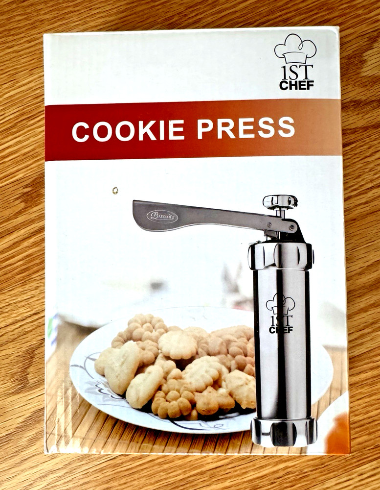 1st Chef Stainless Cookie Press w/Discs, Tips, Piping Bag, User Guide