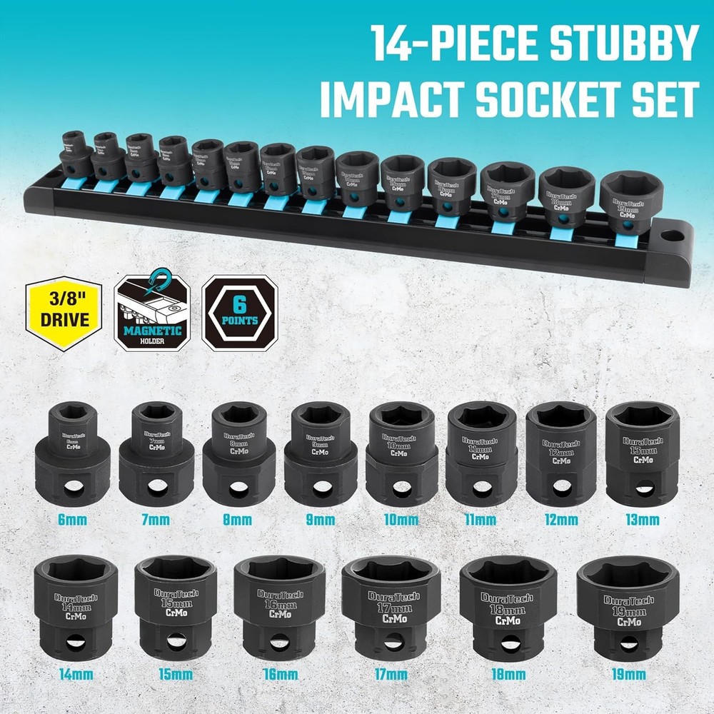 DURATECH 3/8" Drive Stubby Impact Socket Set, Low Profile Impact Sockets