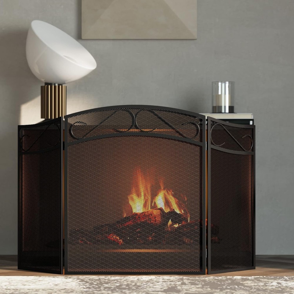 Fireplace Screen Wood Burning Fireplace Foldable 3 Panel Wrought Iron Fireplace