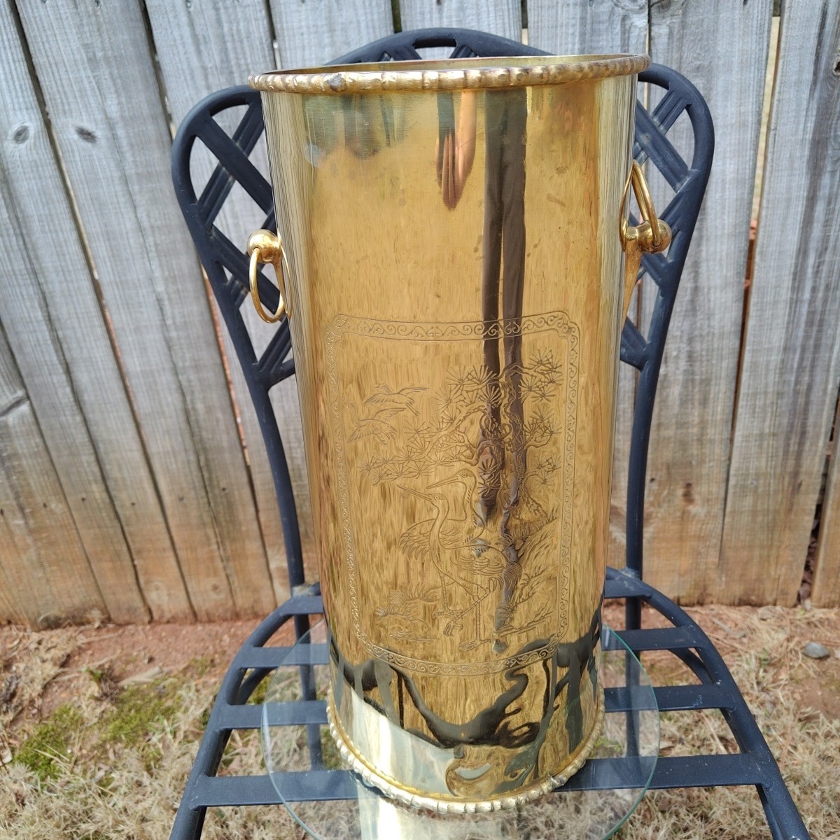 Vintage Brass Umbrella Cane Holder Stand 18" with Decorative Handles Asian Motif