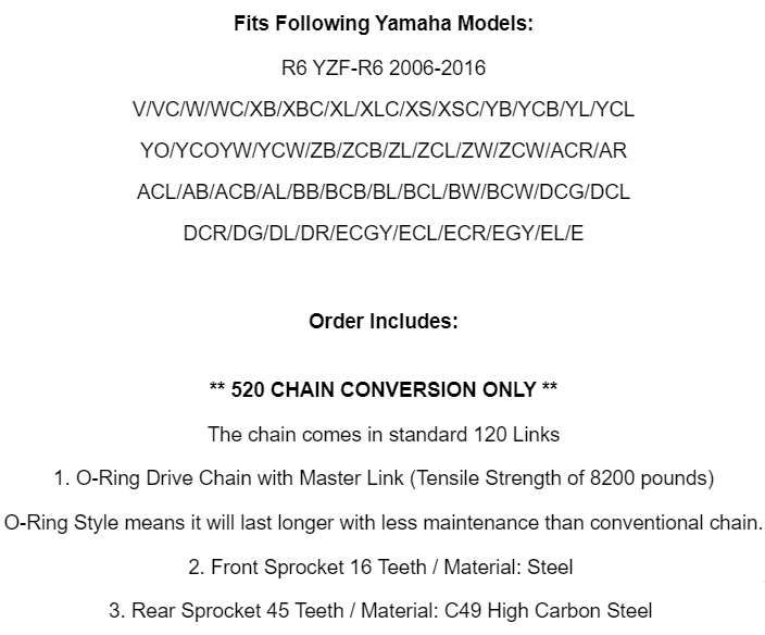 Blue O-Ring Drive Chain & Sprockets Kit for Yamaha R6 YZF-R6 2006-2016
