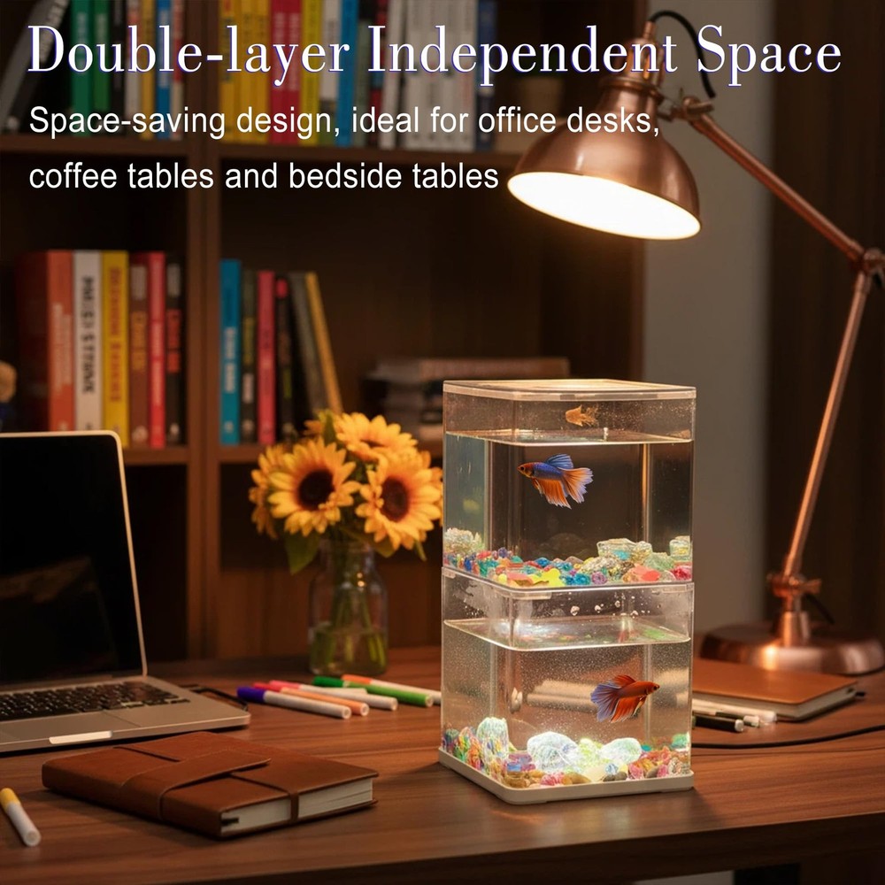 2 Pack 0.3 Gallon Mini Betta Fish Tank With Adjustable Base Light White