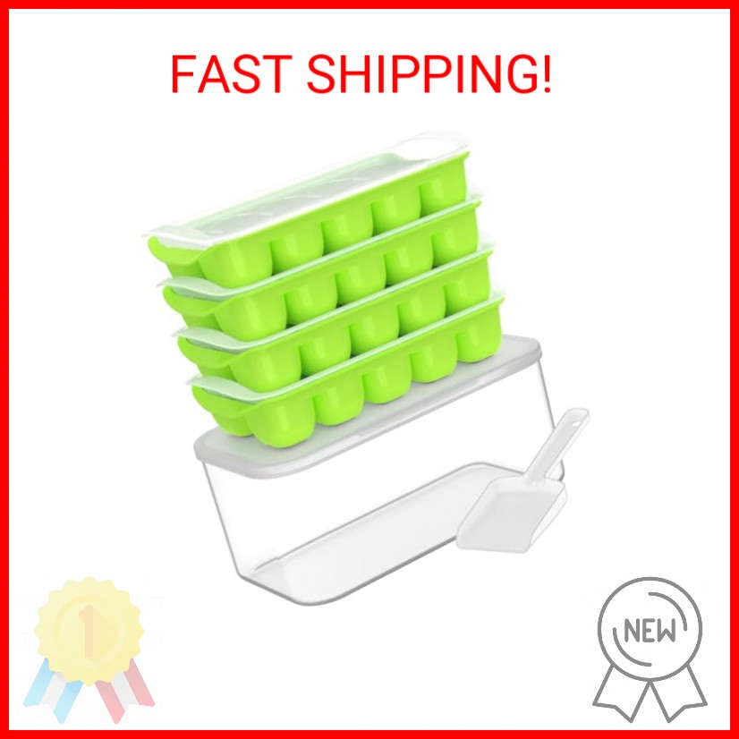 DOQAUS Ice Cube Tray with Lid and Bin - 4 Pack Ice Bucket Kits, Stackable Silico