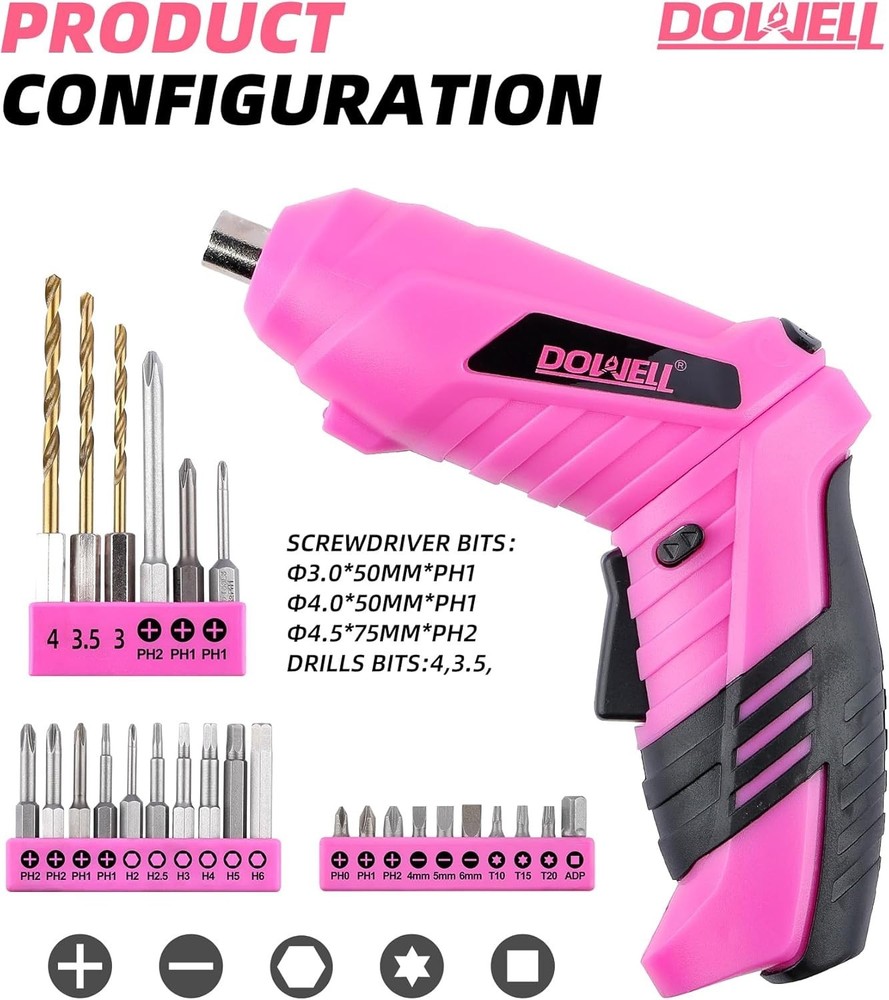 USB Rechargeable Pink Cordless Screwdriver with 28 Essential Bits - Perfect Gift